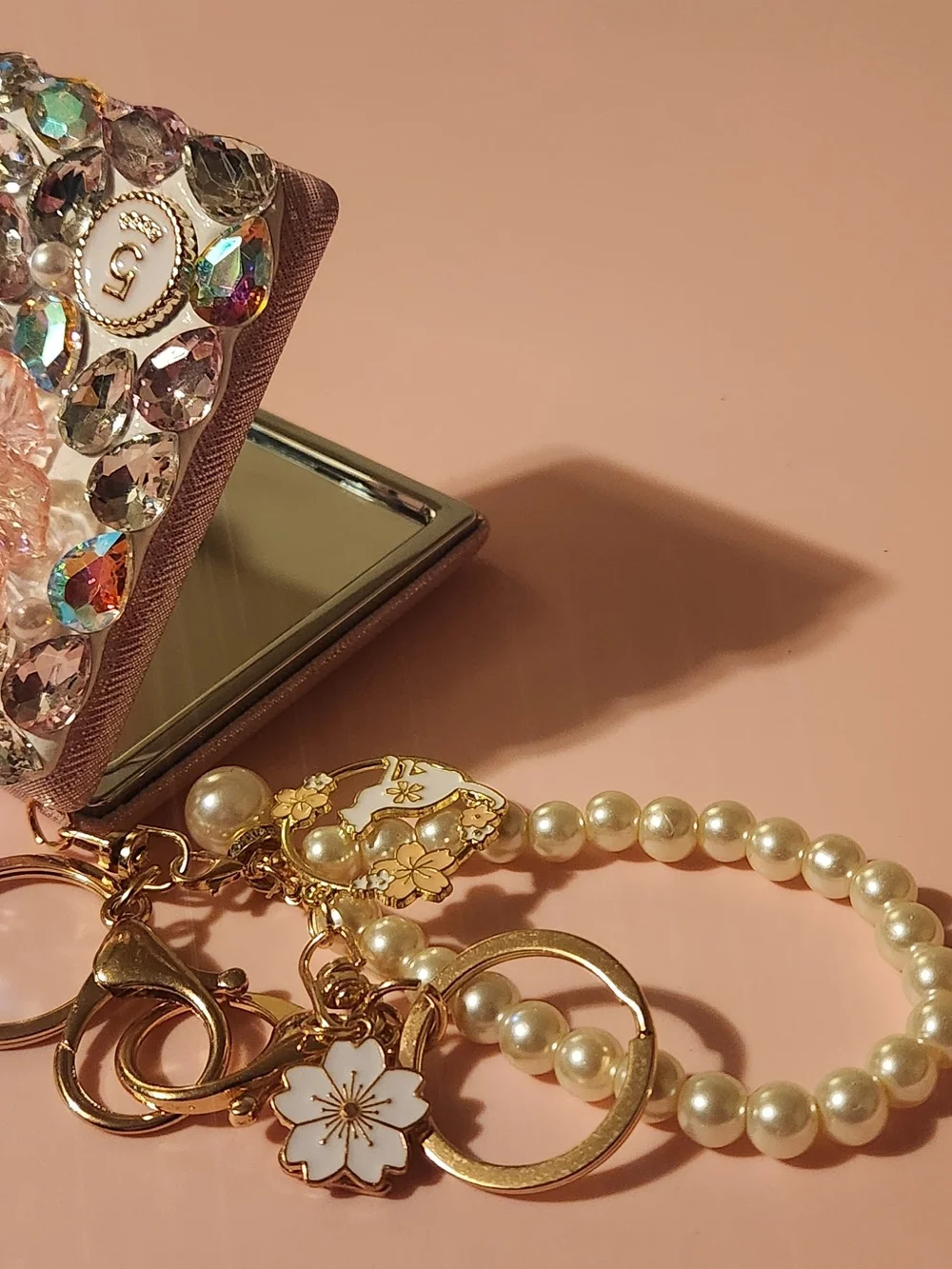 Pink Crystal Flower Charm Phone Wallet Keychain